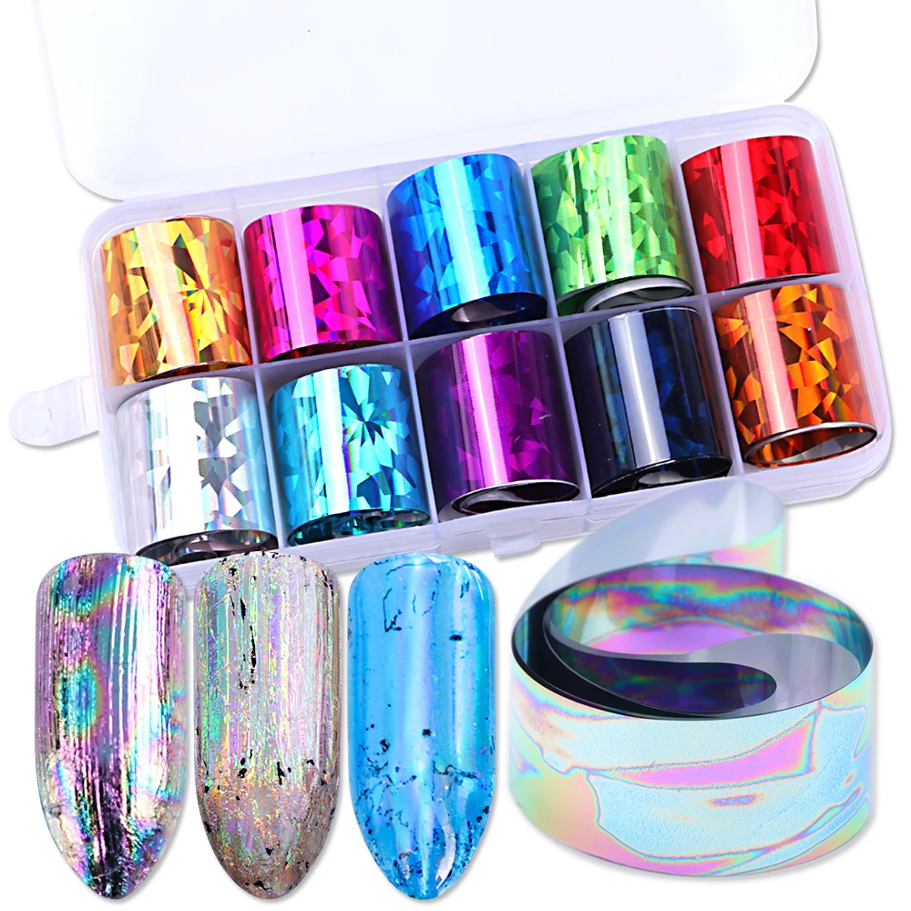 10 шт лазерная Радужная Фольга для перевода на ногти наклейки-лак Кружева цветочные виноградные мраморные наклейки с леопардом металлические звездное небо украшения BE934