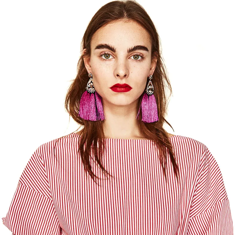 

2017 New Arrival Vintage Statement Jewelry Ethnic Big Hook Handmade Yarn Tassel Stud Earring 3 Colors For Women Wholesale Price
