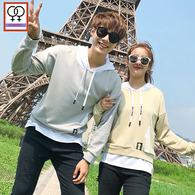 His and Her Hooded Sweatshirt Pullovers Preppy Style Casual Tops Gray Yellow Patchwork Cute