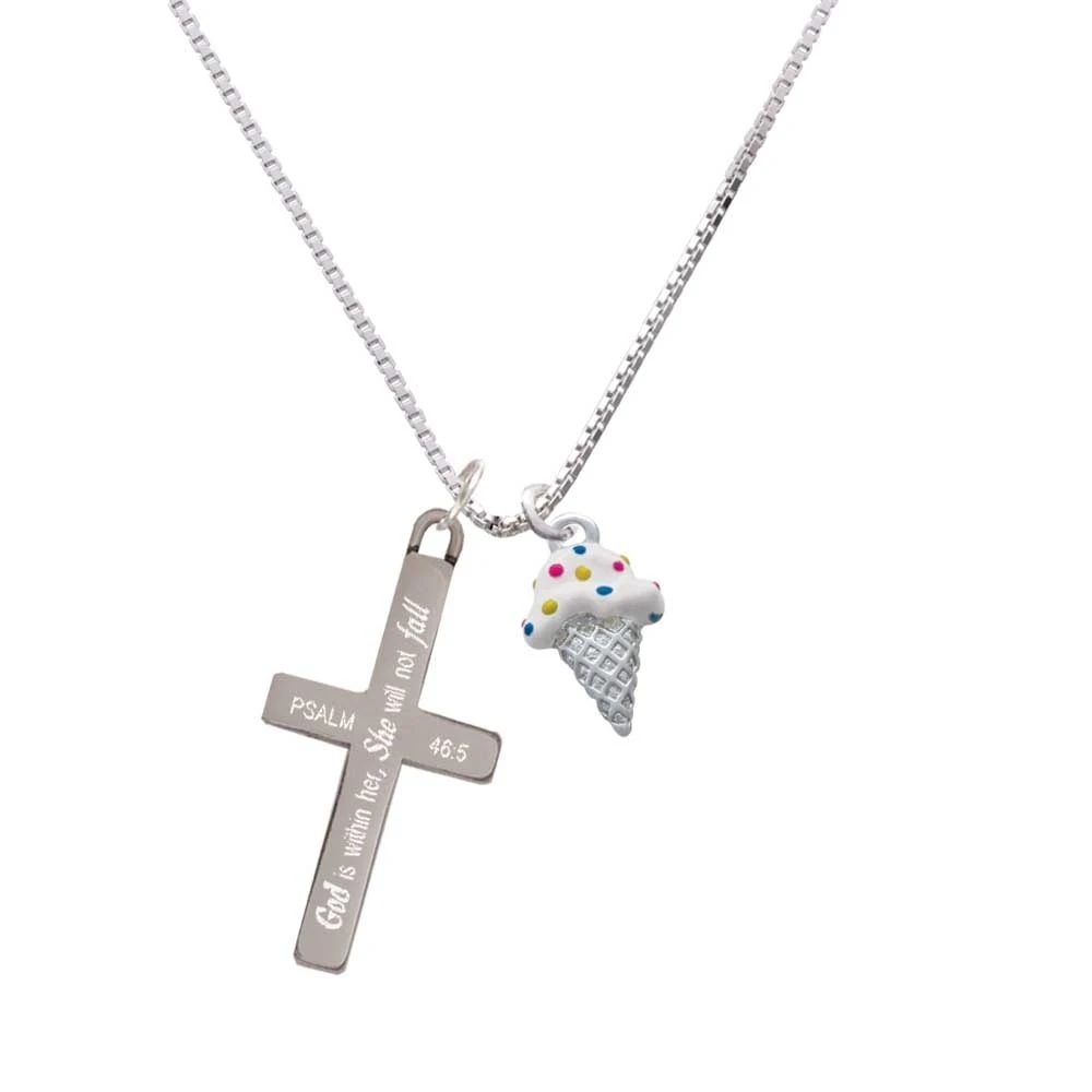 2-D Vanilla Ice Cream Cone with Sprinkles - She will not Fall - Cross Necklace