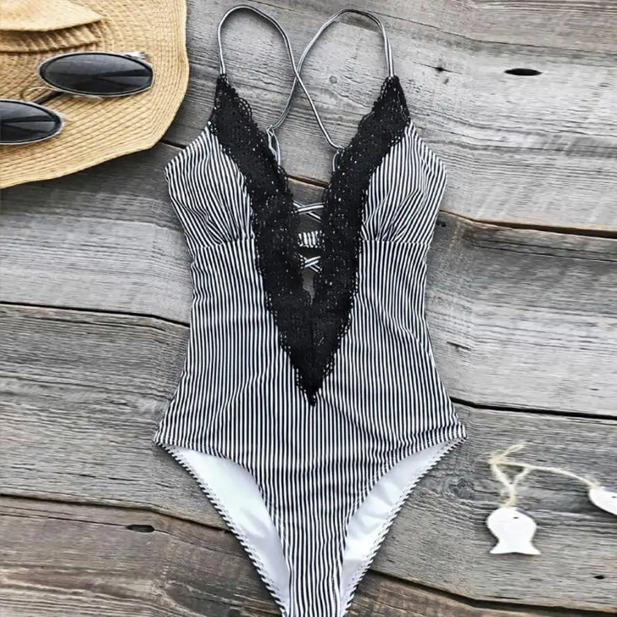 

Women Ladies One Piece Swimsuit Vintage Lace Striped Beachwear Swimwear Bathing Suit Monokini maillot de bain femme bandeau New