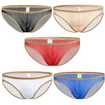 

Male Briefs Sexy Low Waist Gauze Transparent Pants Underwear Men Ropa Interior Hombre Golden Rim Mens Underwear bikini brief
