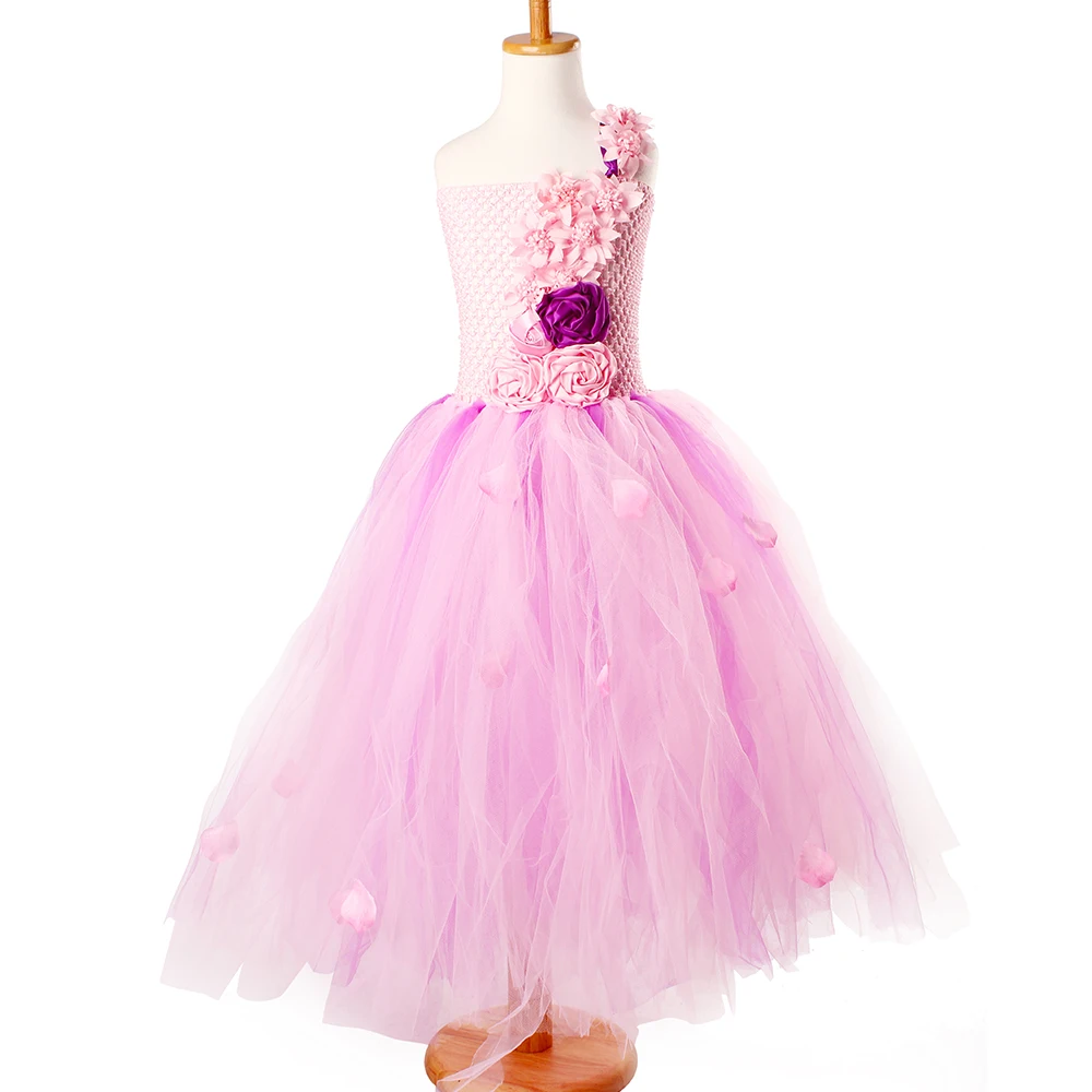 Pink and Purple Flower Girl Tutu Dress Kids Pink Petals Birthday Wedding Party Dress Boutique Handwork Girls Ball Gowns (3)