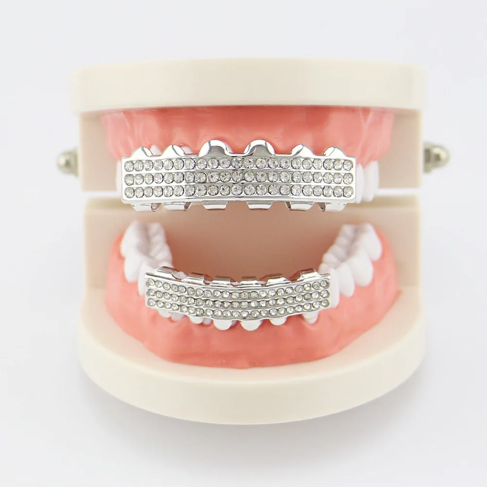 Factory Bottom Price Teeth Grillz Set Tooth Dental Grills Hip Hop Cap Top & Bottom Grill Rhinestone Inlay Custom Body Bijoux (4)