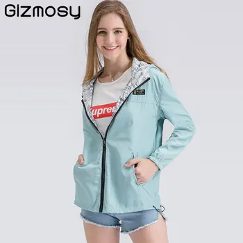 

Female Jacket 2019 Women Bomber Basic Jacket Autumn Two Side Wear Coat Cartoon Print Pocket Slim Zipper Hooded Outwear A067-2