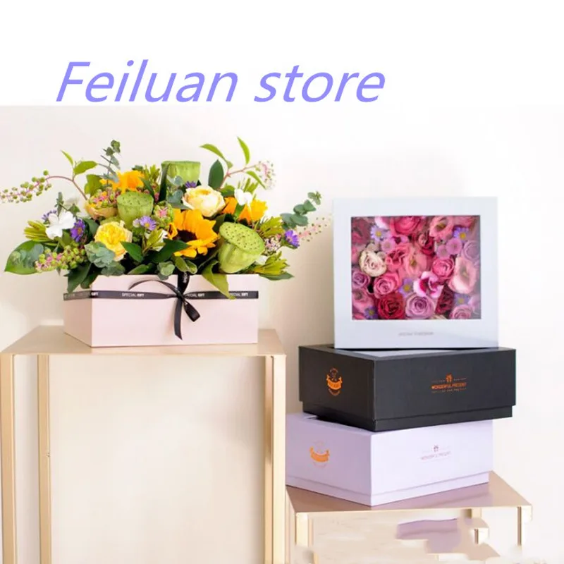

New hot sale 1pcs 22x22x9cm black color Square hand gift flower box transparent PVC beautiful window gift wrapping paper box