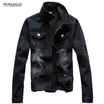 

MORUANCLE Fashion Men's Scratched Jeans Jackets Black Slim Fit Spring Denim Jacket For Male Plus Size M-4XL 2017 New Arrival