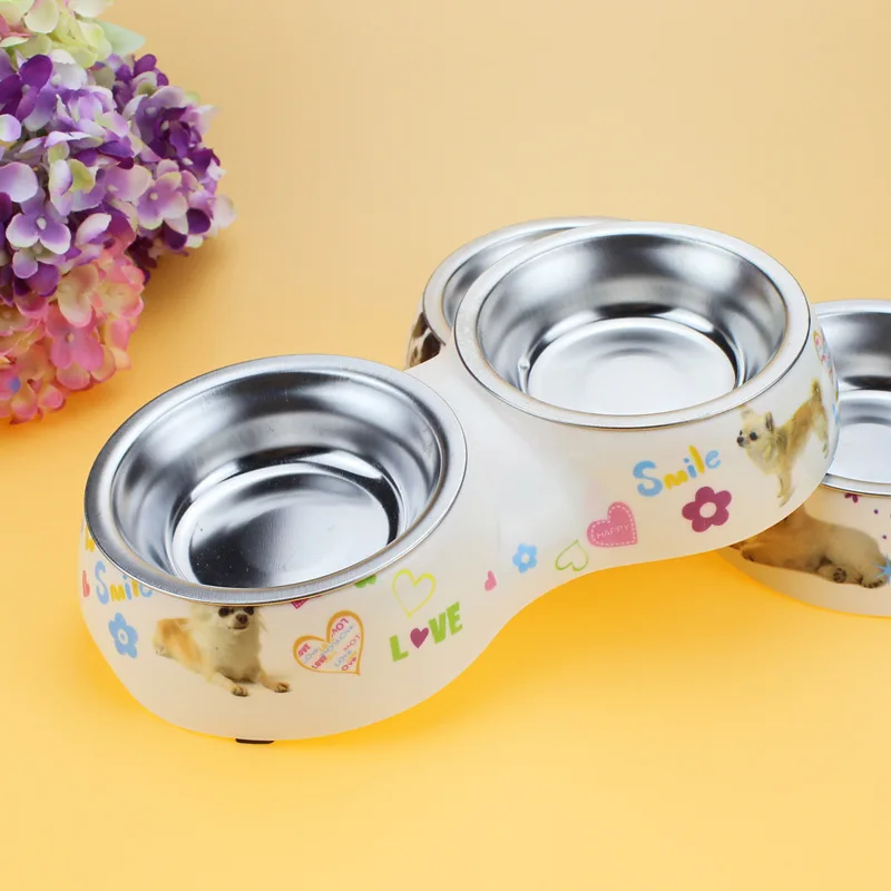 

Dog Feeder Double Removable Stainless Steel Dog Bowl With Melamine Plastic Base Pet Dinner Dish Feeding And Watering Supplies