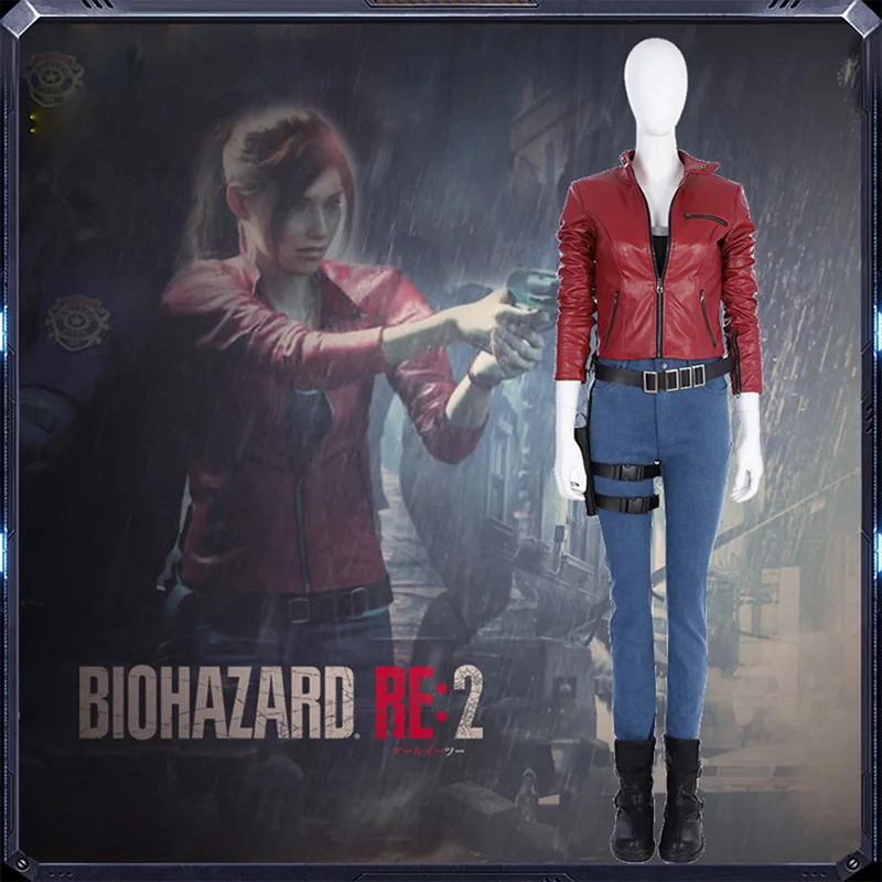 

2019 Resident Evil 2 Cosplay Claire Redfield Cosplay Costume Leather Coat Jeans Shoes Gun Cover Accessories Women Halloween Set