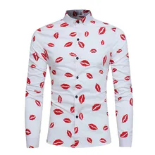 Мужская мода цветочный принт Кнопка с длинным рукавом Базовая женская блузка Мужская печать губ печатная рубашка с длинными рукавами