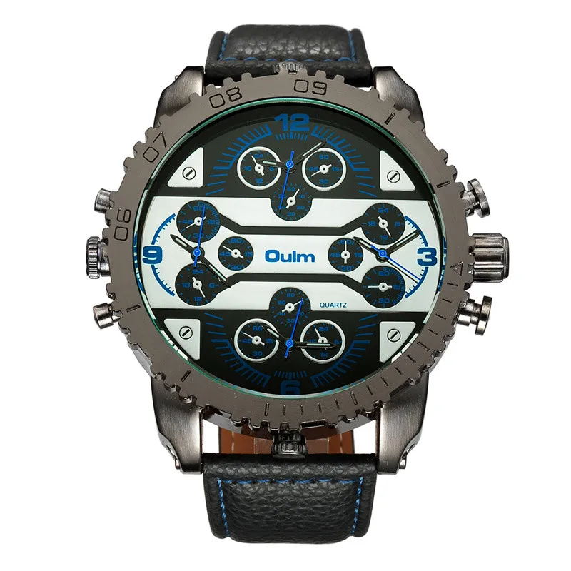 Модные кварцевые роскошные брендовые часы OULM, 4 часовые часы с часовыми поясами, мужские кожаные военные часы для мужчин, наручные часы Relogio Masculino - Цвет: Синий