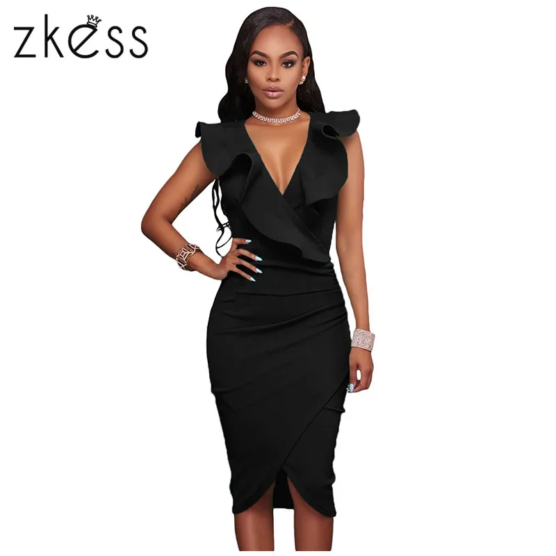 Zkess 2017 Ruffle V Neck Summer font b Dresses b font Casual Sexy Knee Length Bodycon