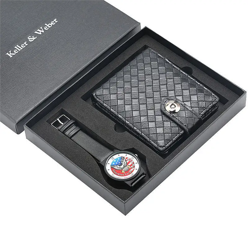 

Keller & Weber Quartz Wristwatch Eagle U.S Flag High Class Watch Wallet Gifts Box Male Gift Set relojes para hombre