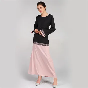 

Muslim trumpet long sleeve lace stitching long dress