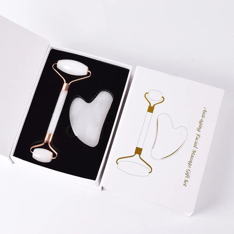 

Rose Gold Face Roller Gua Sha Tool Massage Set Natural Jade Acupuncture Scraping Body Healing White Stone massager Health Care