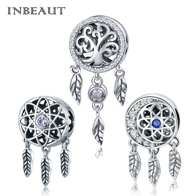 

INBEAUT 100% Real 925 Sterling Silver Vintage Hollow Tree Universal Net Feathers Charm Beads fit Pandora Bracelet for Women DIY