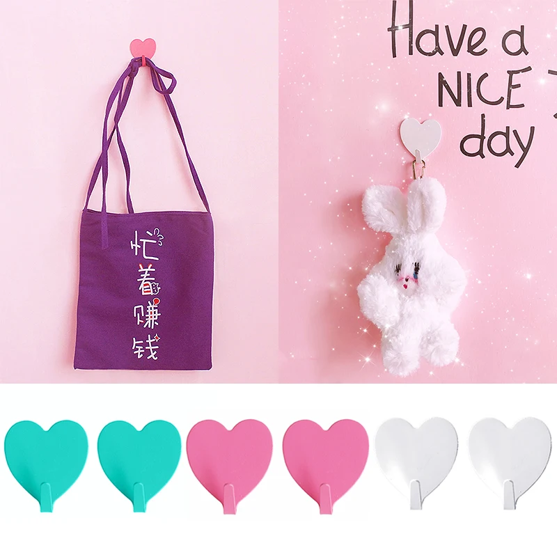 

White 2PCS/Pack Organizer Heart Shape Pink;Blue Stainless Steel Storage Hook Shiny Sticky Hooks Wall Mounted Creative