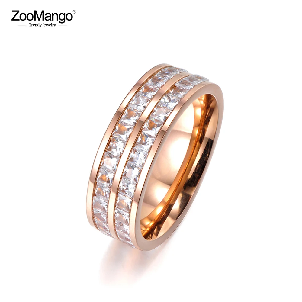 

ZooMango Luxury Design Multilayer Two Row Cubic Zirconia Crystal Ring Rose Gold Titanium Steel Wedding Rings For Women ZR17050