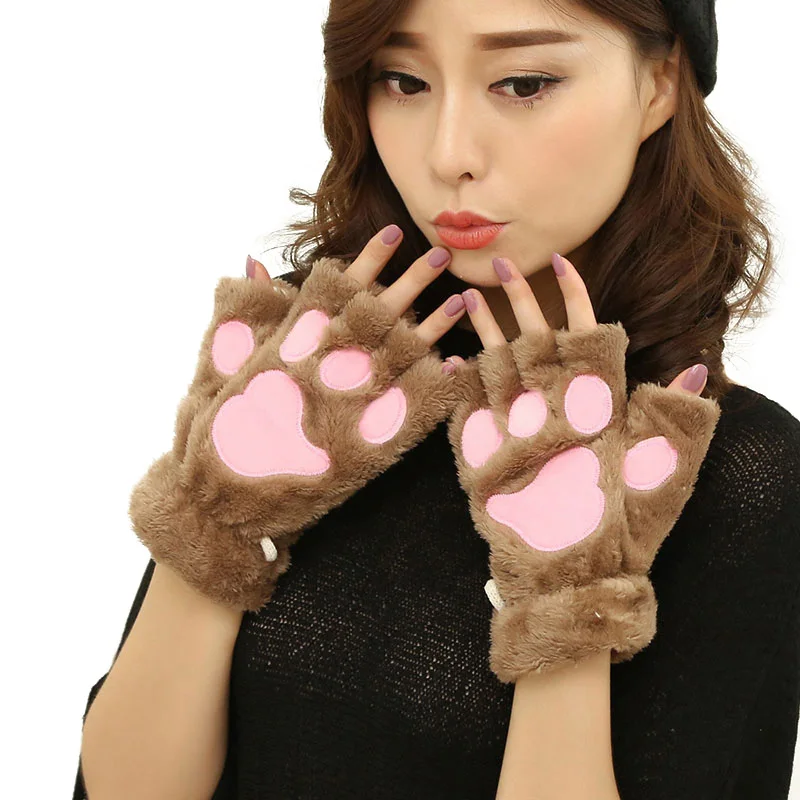 Модные зимние женские плюшевые перчатки милый медведь кошачья лапа с когтями короткие женские перчатки без пальцев - Цвет: Khaki