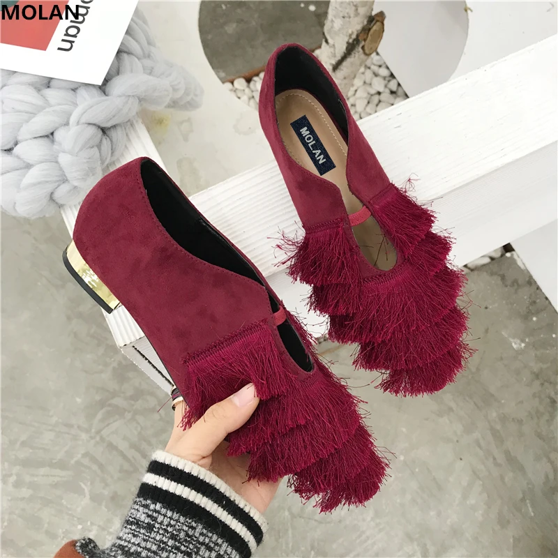 

MOLAN Brand 2018 Spring Sweet Fringe Pointed Toe Flats Woman Shoes High Quality Golden Square Heels Slip On Loafers Ladies Shoes