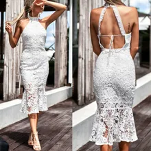 Primavera Verão Vestidos de Festa Elegante Ruffles Mulheres Vestidos Sexy Halter Pescoço Fora Do Ombro Backless Bodycon Vestido de Renda Branco 2018
