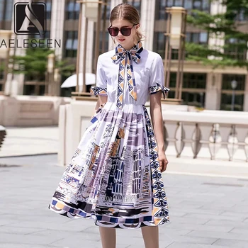 

AELESEEN 2019 Autumn New Fashion Vintage Print Dresses Women Bow Tie Collar Sashes College Style SIngle Breasted Midi Dress