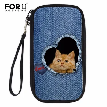 

FORUDESIGNS Denim Cat Printed Documents Passport Bag Credit Card Identity Card Holder Organizer Girls Hand Holding Wallets