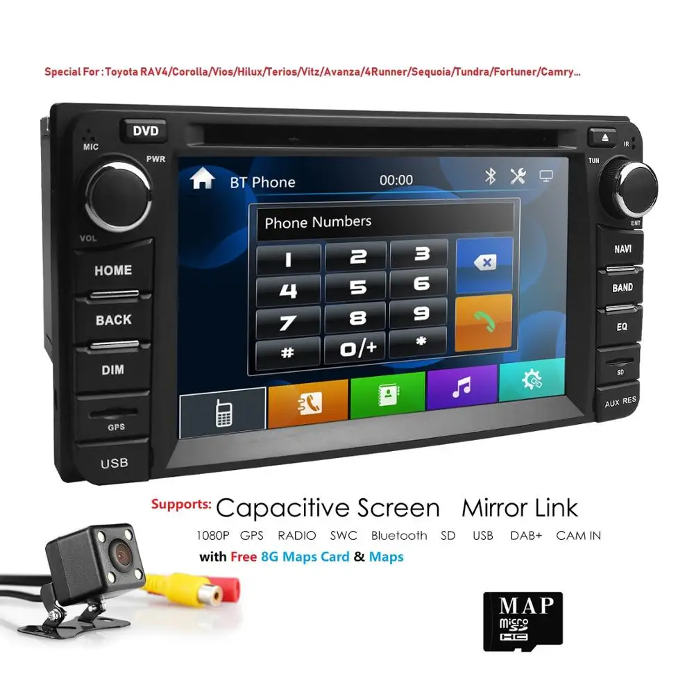 2DIN car dvd player for Toyota Hilux VIOS Old Camry Prado RAV4 Prado 2003-2008 SWC RDS BT Mp4,JPEG,WMA AVI CD SD Rear Cam Map