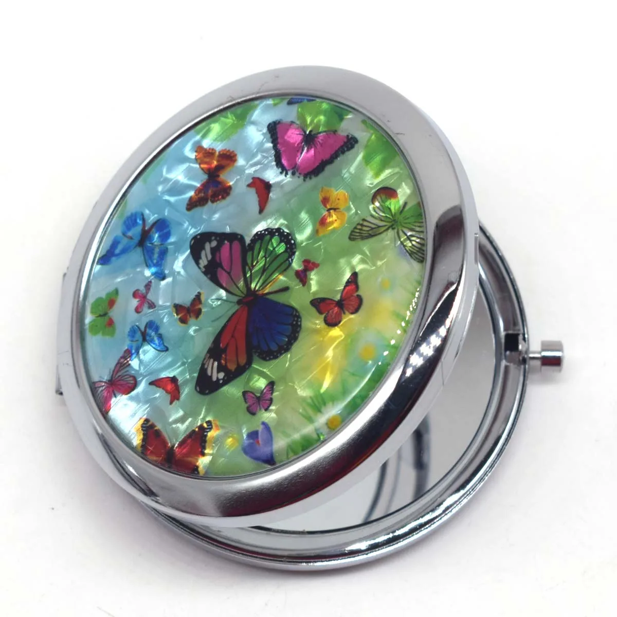 Mother of Pearl Blue Butterfly Design Double Compact Makeup Purse Mirror