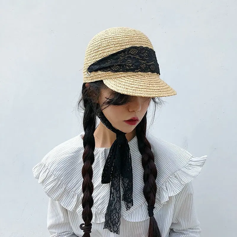 

[La MaxPa] 2018 Ladies Handmade Hat Summer Women Straw Visor Beach Cap Lace Up Ribbon Nature Raffia Straw Sun Hats