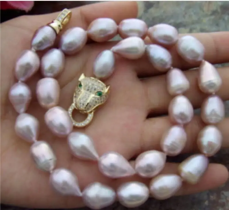 

Fashion 11-13mm natural Purple white Cultured pearl necklace 18". 36" Leopard head clasp