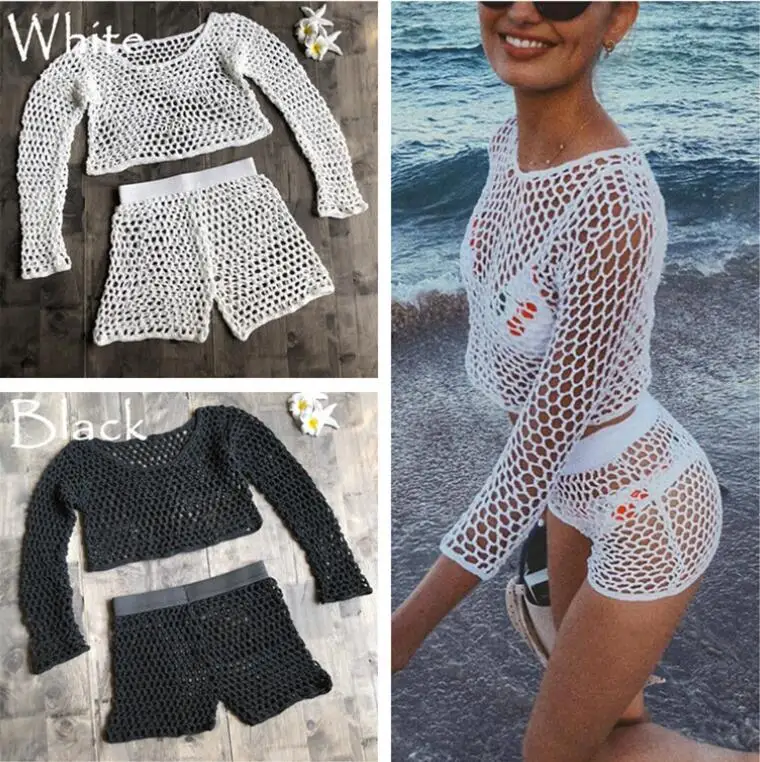 

2PCS/set Knitted long sleeve+short pants Beach Cover Up 2018 summer Hollow Out bikini swimsuit bathing suit cover ups