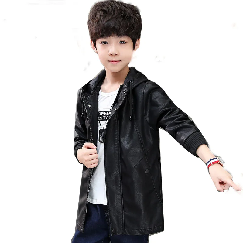 

Boys Faux Leather Jacket 2018 New Fashion Print Hooded Children Leather Coat Long Solid Casual Boys Coat Outerwear Fit 4-13Y