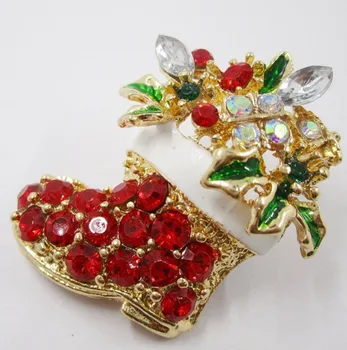 

Awesome Flower Socks Red Crystal Pins Brooches for Xmas Christmas Gift Unique Shoes Boots Pins Wholesale 12 Pcs