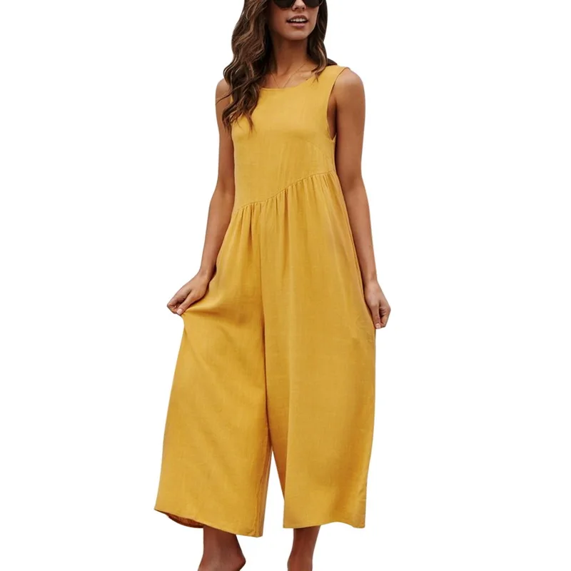 

WENYUJH Wide Leg Solid Jumpsuit Sexy Sleeveless Backless Women Jumpsuits Casual Loose Pocket Basic Ladies Romper Jumpsuit