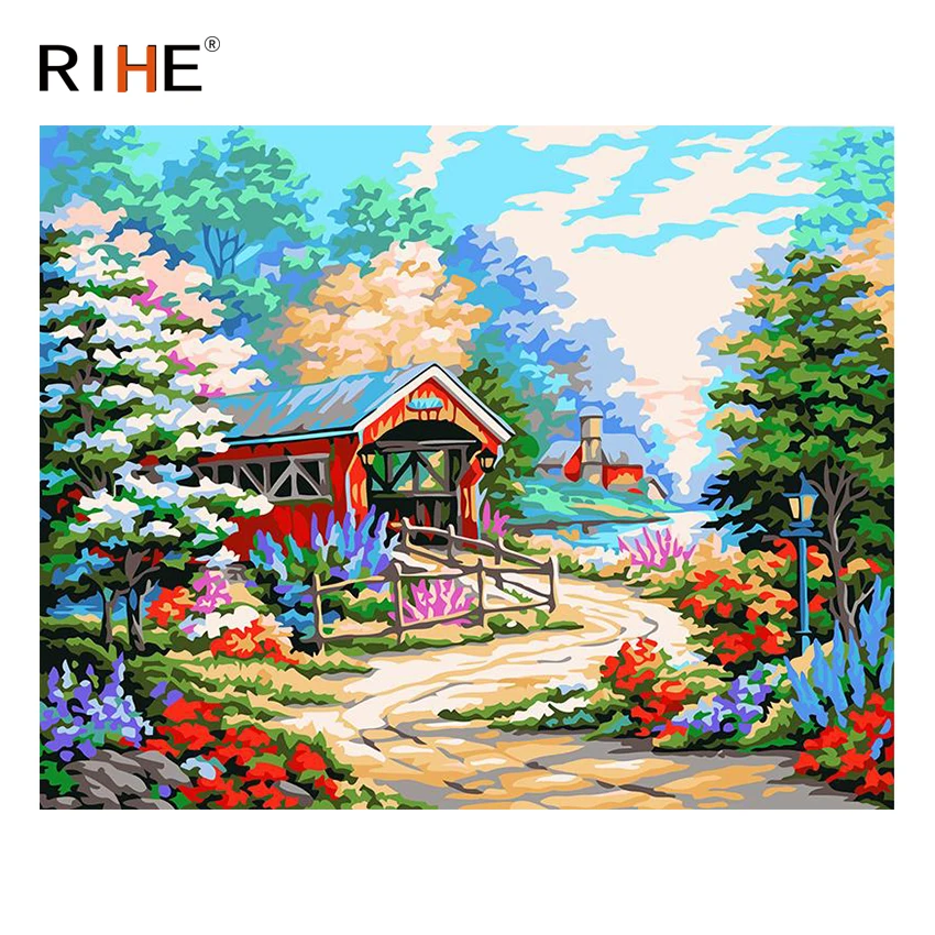 

RIHE Forest Road Diy Painting By Numbers Abstract Cabin Oil Painting On Canvas Cuadros Decoracion Acrylic Wall Picture For Room