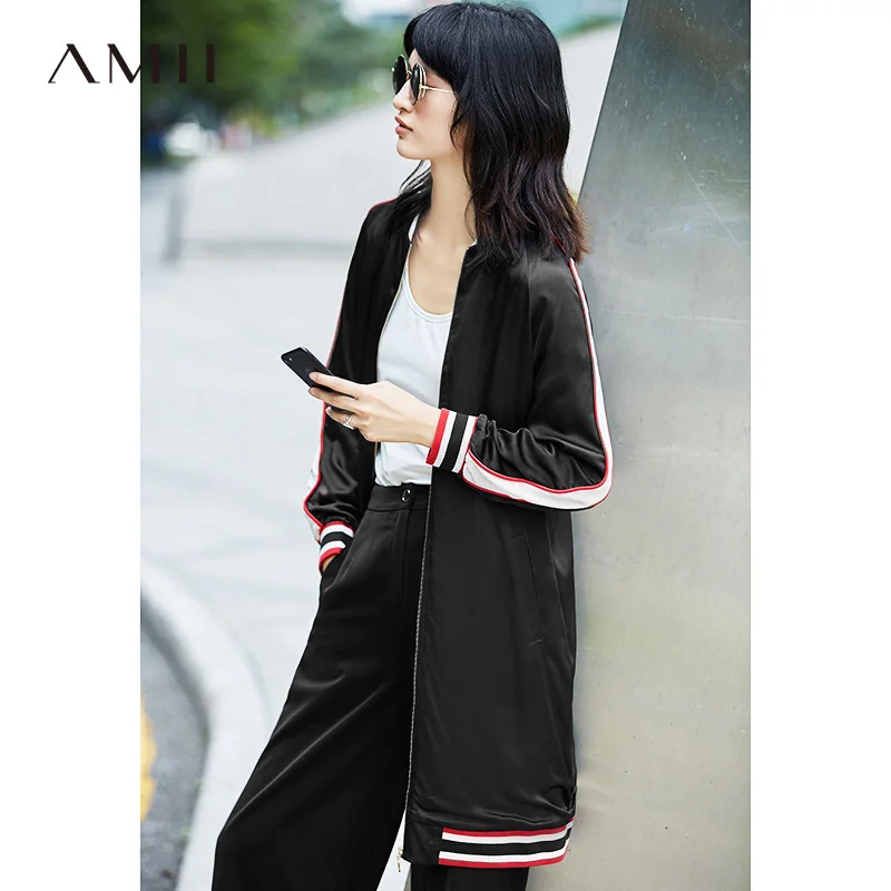 Femmes Noir Fermeture marine 2019 Vestes Veste Femelle Longue Casual Éclair Baseball Amii Bleu Bande 5wPT4q60