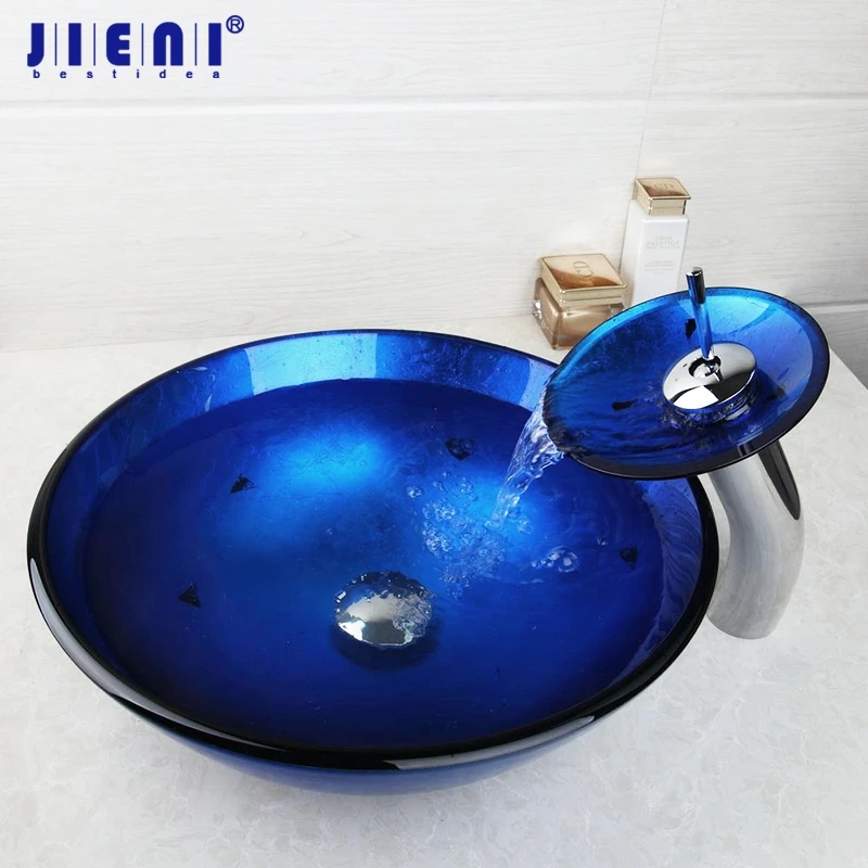 

JIENI Blue Hand Painting Bahtroom Sink Bowl with Water Tap Faucet and Pop up Drain Tempered Glass Washbasin Bar Faucet Set