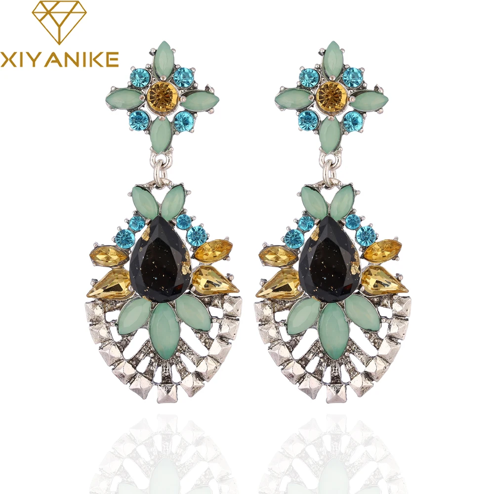 

New Brand Charming Retro Alloy Crystal Earrings for Women Vintage Gem Flower Dangle Statement Earrings Brincos Pendientes E352