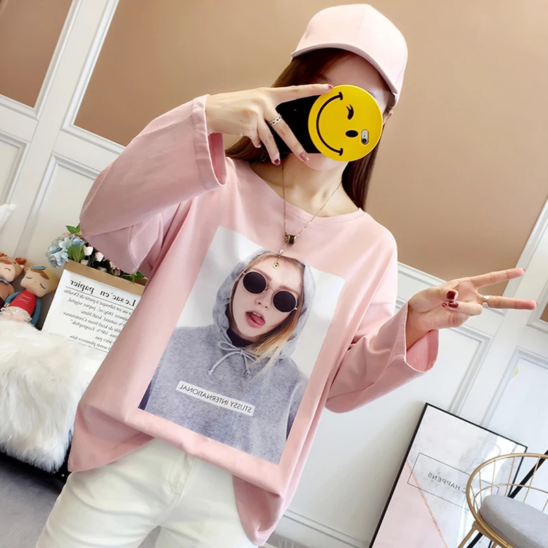 

Cotton Tee Shirt Femme 2018 Harajuku Long Sleeve T Shirt Women Tops Casual Kawaii Character Print Loose T-shirts Camisa Feminina