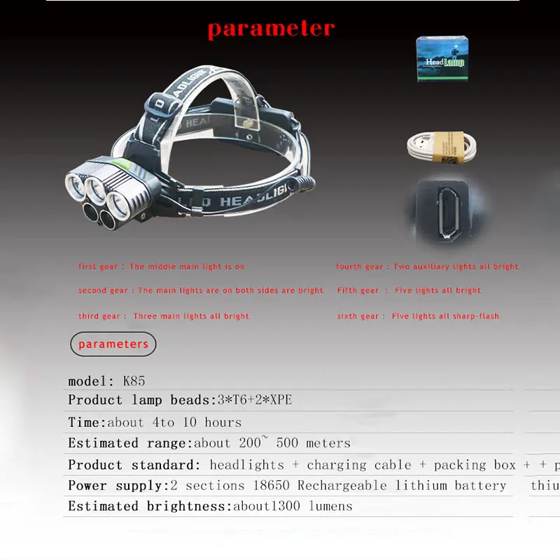 Светодиодный налобный фонарь 5 CREE XML T6 Q5 с USB зарядкой светодиодный 15000 люмен