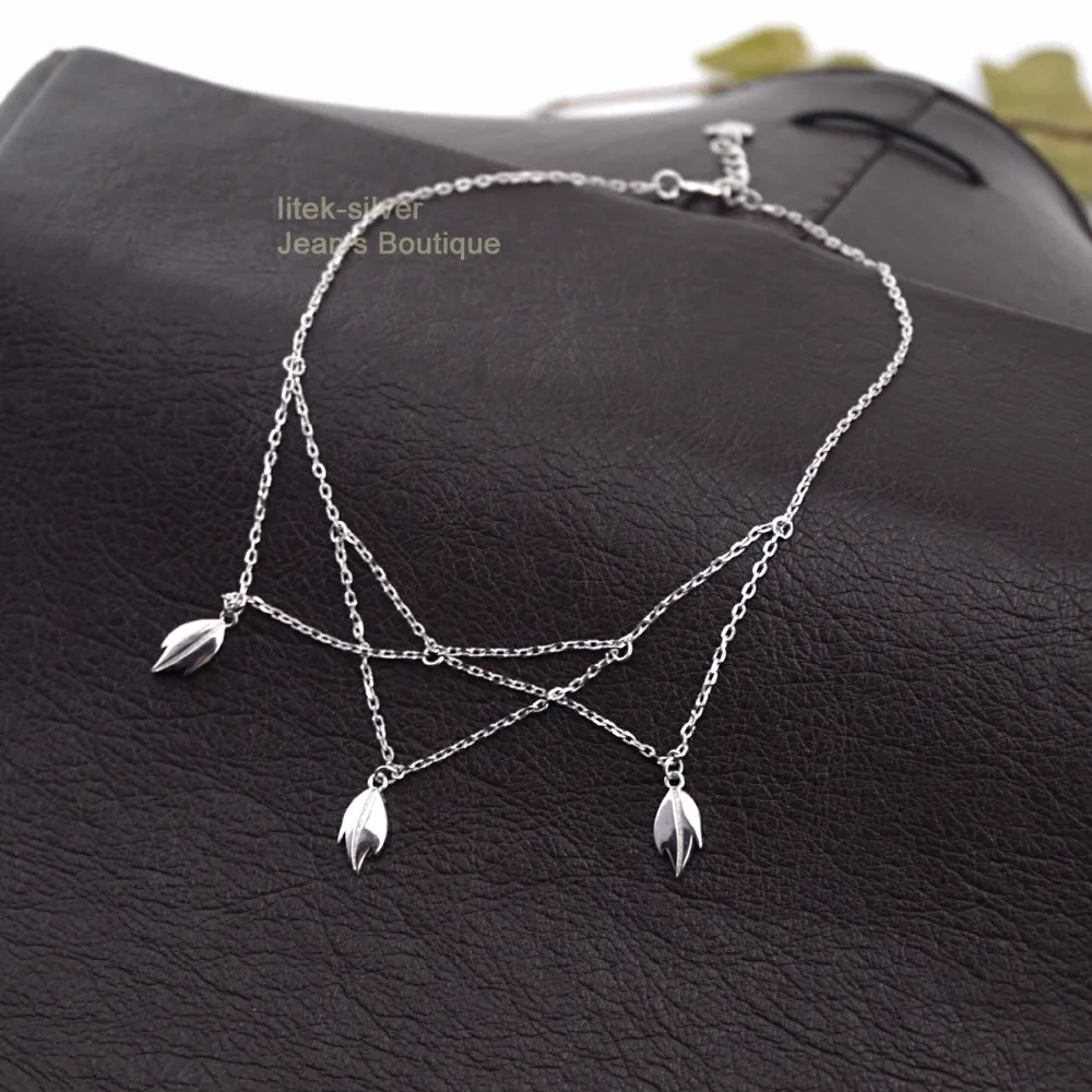 

925 Sterling Silver Dangle Leaf Intertwined Chain Anklet Bracelet A2326