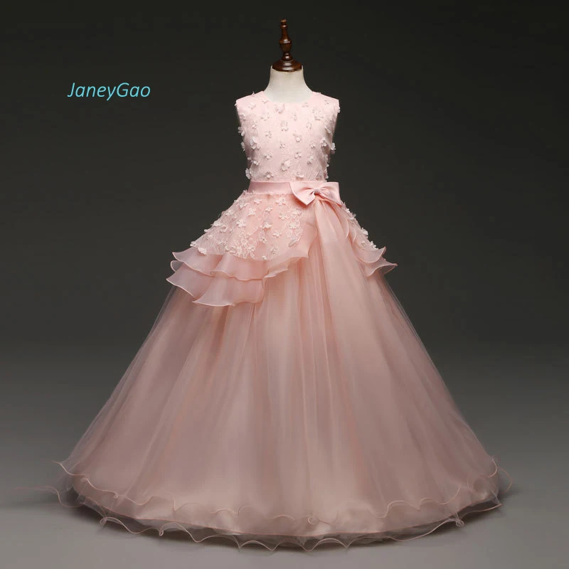 JaneyGao/Платья с цветочным узором для девочек, розовые платья для первого причастия, элегантные платья с аппликацией из бисера и бантом