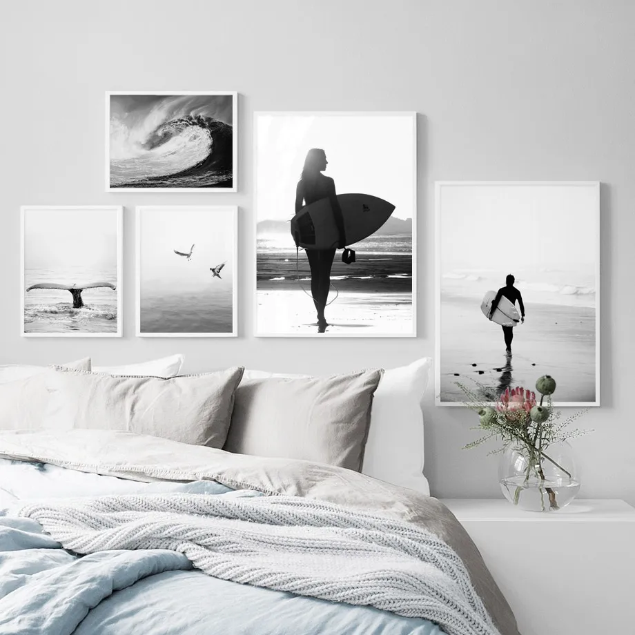 Black-White-Girl-Surfboard-Beach-Seagull-Wall-Art-Canvas-Painting-Nordic-Posters-And-Prints-Wall-Pictures(1)
