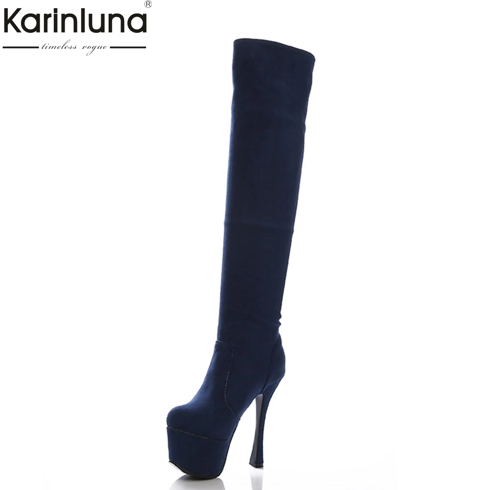 

karinluna 2018 Large Size 33-40 Super High Heels Knee High Boots Woman Shoes Solid Elegant Platform Dropship Boots Woman Shoes