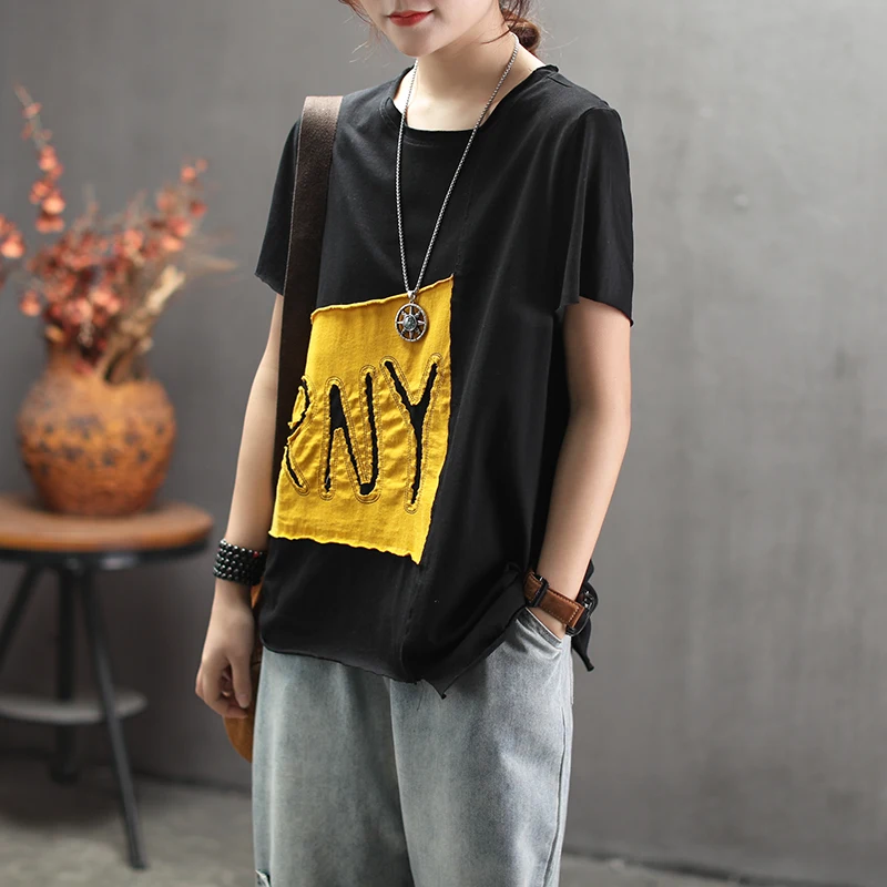 الصيف لينة القطن تي شيرت فضفاض قصيرة الأكمام تيز مع بقع للألوان يا الرقبة خمر عارضة T قميص ل امرأة Z0BZ30