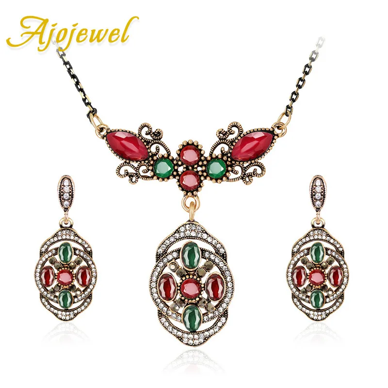 

Ajojewel Colorful Resin Statement Bohemian Stone Jewelry Sets Ethnic Fashion Kundan Earrings For Women Pendant Necklace Set