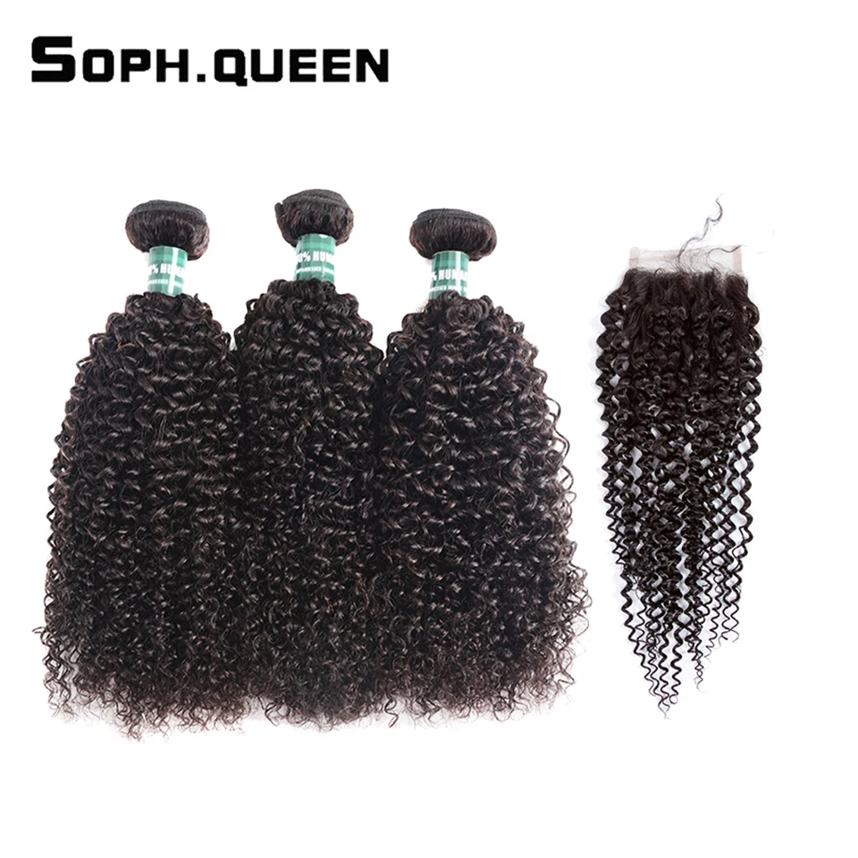 Соф queen hair индийские волосы 100% человеческих волос Связки с закрытием странный вьющиеся волосы 3 Связки с закрытием натуральный Цвет