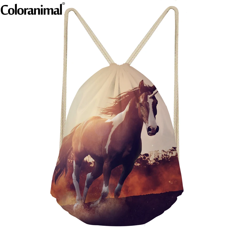 Coloranimal Teenager Girls Beach Drawstring Bag Cool 3D Animal Crazy Horse Print Children Softback Bag Storage Bag Men Sack Bags