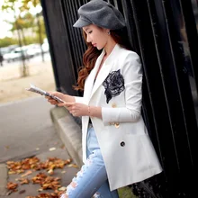 Original New 2016 Brand Jacket Spring Plus Size Flower Double Breasted Slim Elegant Casual White Blazer Women Feminino Wholesale